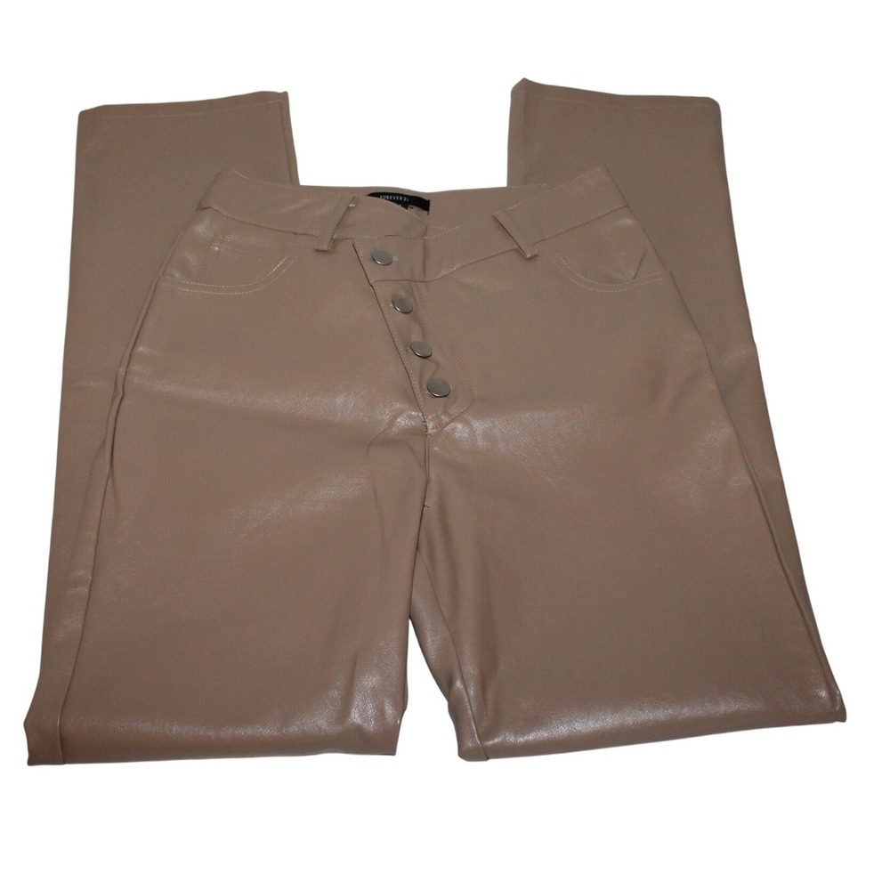 Forever 21 Faux Leather Button Fly Pants Taupe Size Small Straight Leg